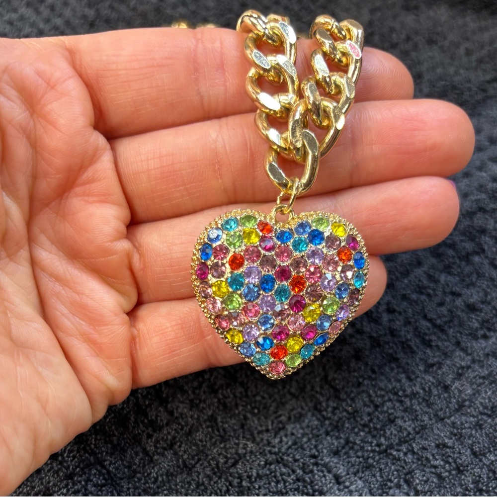 Gold-Tone Heart Pendant Necklace with Multicolor Crystal Accents